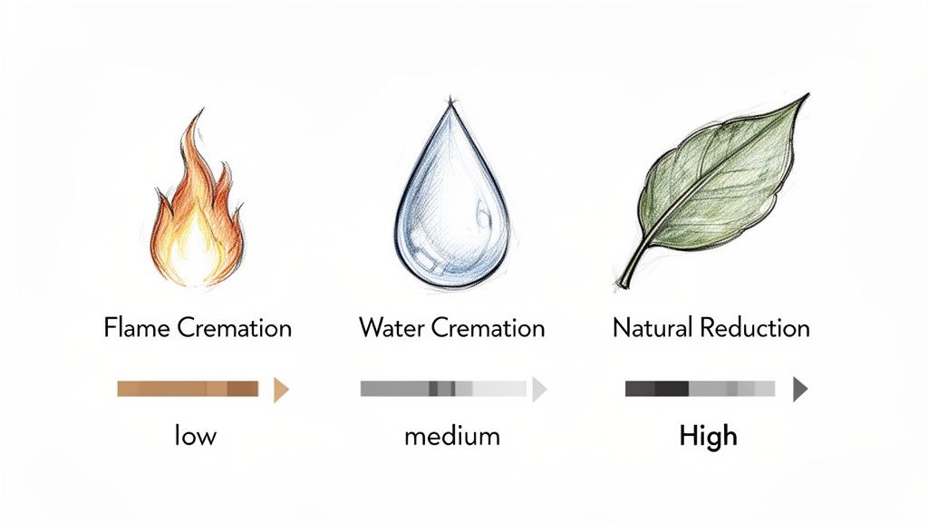 Illustration comparing flame cremation, water cremation, and natural reduction with their respective environmental impact levels: low, medium, and high.