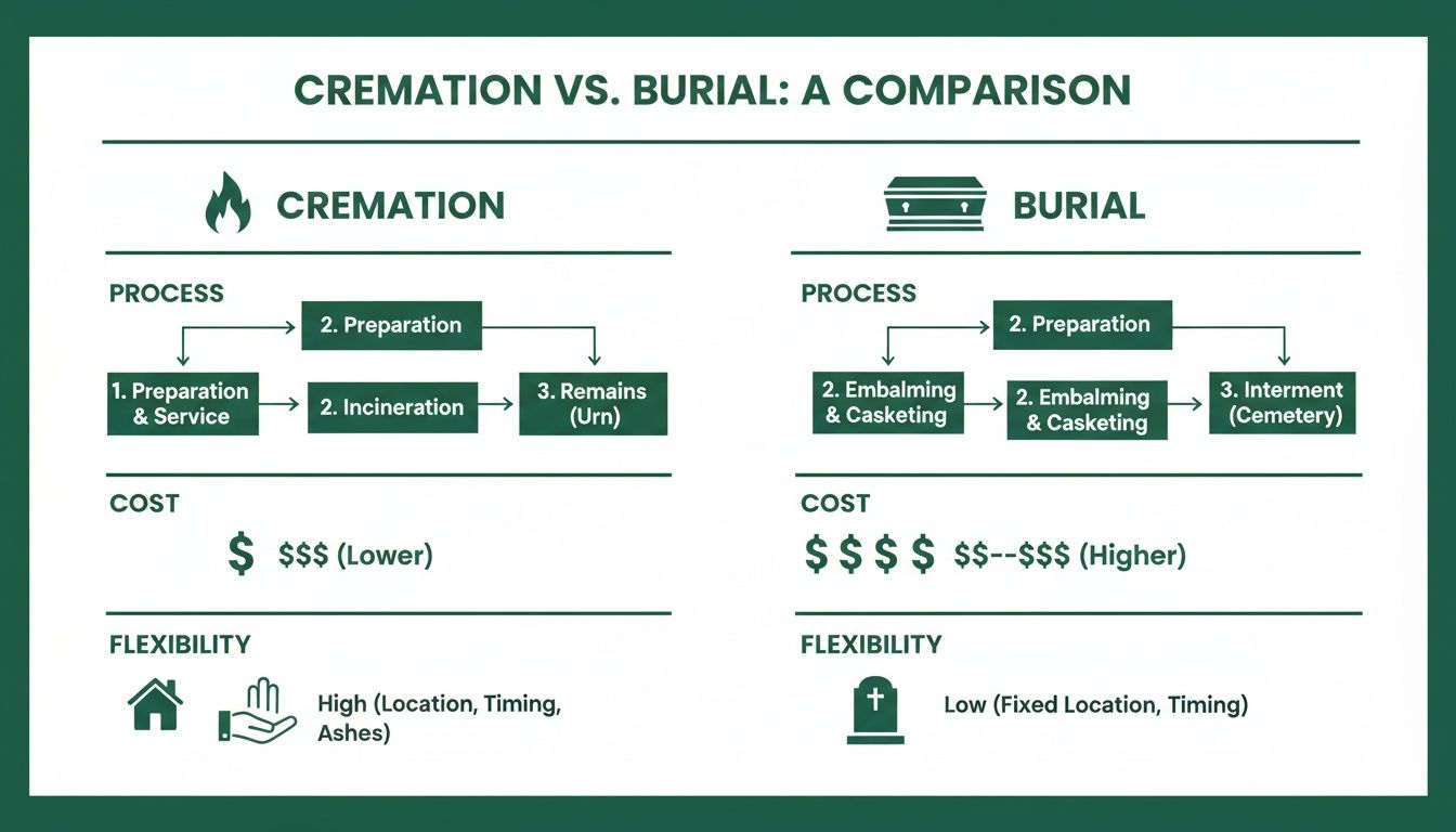 A detailed comparison chart showing the process, cost, and flexibility differences between cremation and burial.