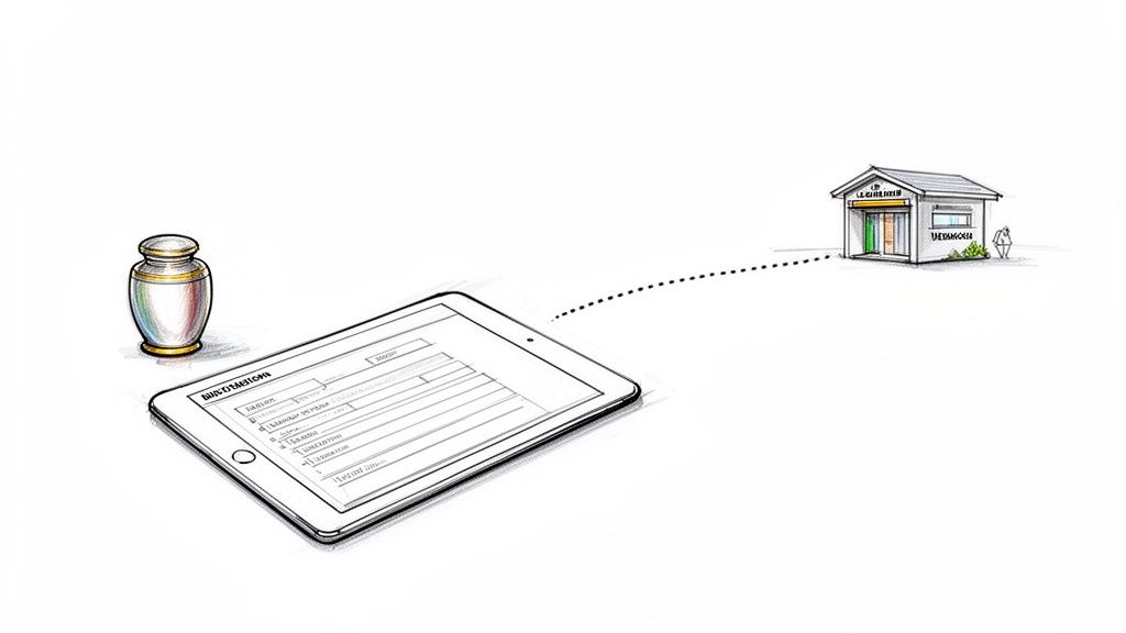 Finding Dignified and Affordable Cremation Services Digital tablet and urn connected by a dotted line to a building, symbolizing cremation services.