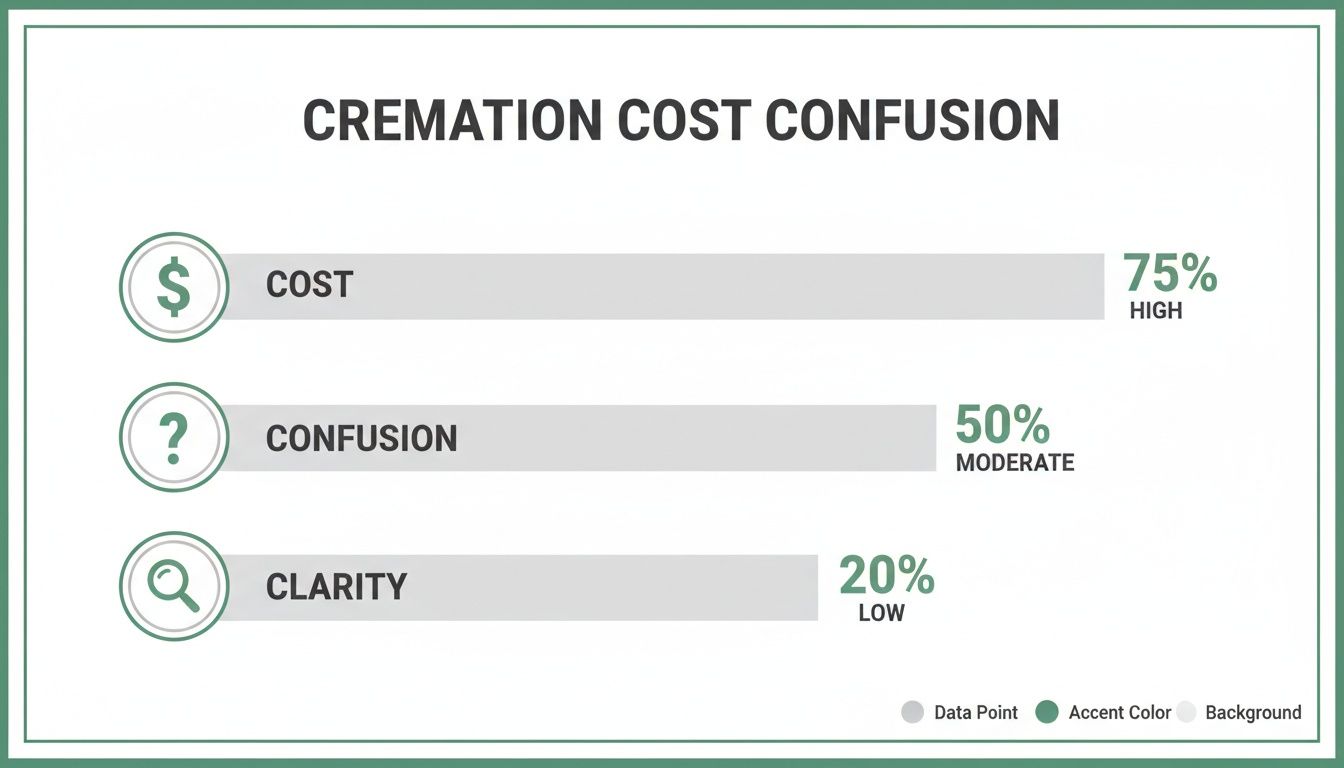 A bar chart titled 'Cremation Cost Confusion' showing high cost, moderate confusion, and low clarity.