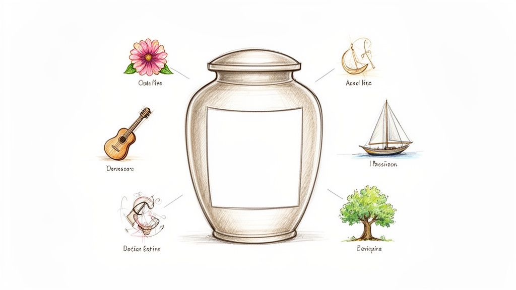 A hand-drawn illustration of an urn surrounded by symbolic items like a flower, guitar, boat, and tree.