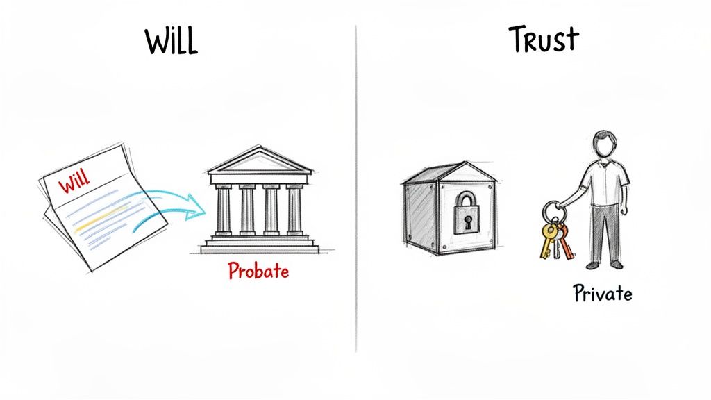 Comparison of Will and Trust, showing a will going through probate court and a trust as private, locked assets.