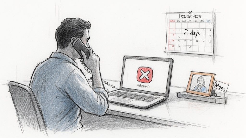 Man on phone, laptop shows an error, calendar marks '2 days,' with a framed photo of 'Mom'.