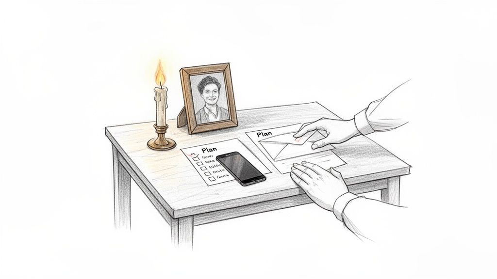 Hands putting a letter into an envelope with a checklist, smartphone, framed photo, and candle.