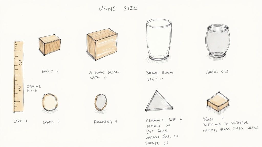 A hand-drawn sketch illustrating various urn and container sizes and shapes with accompanying text descriptions.