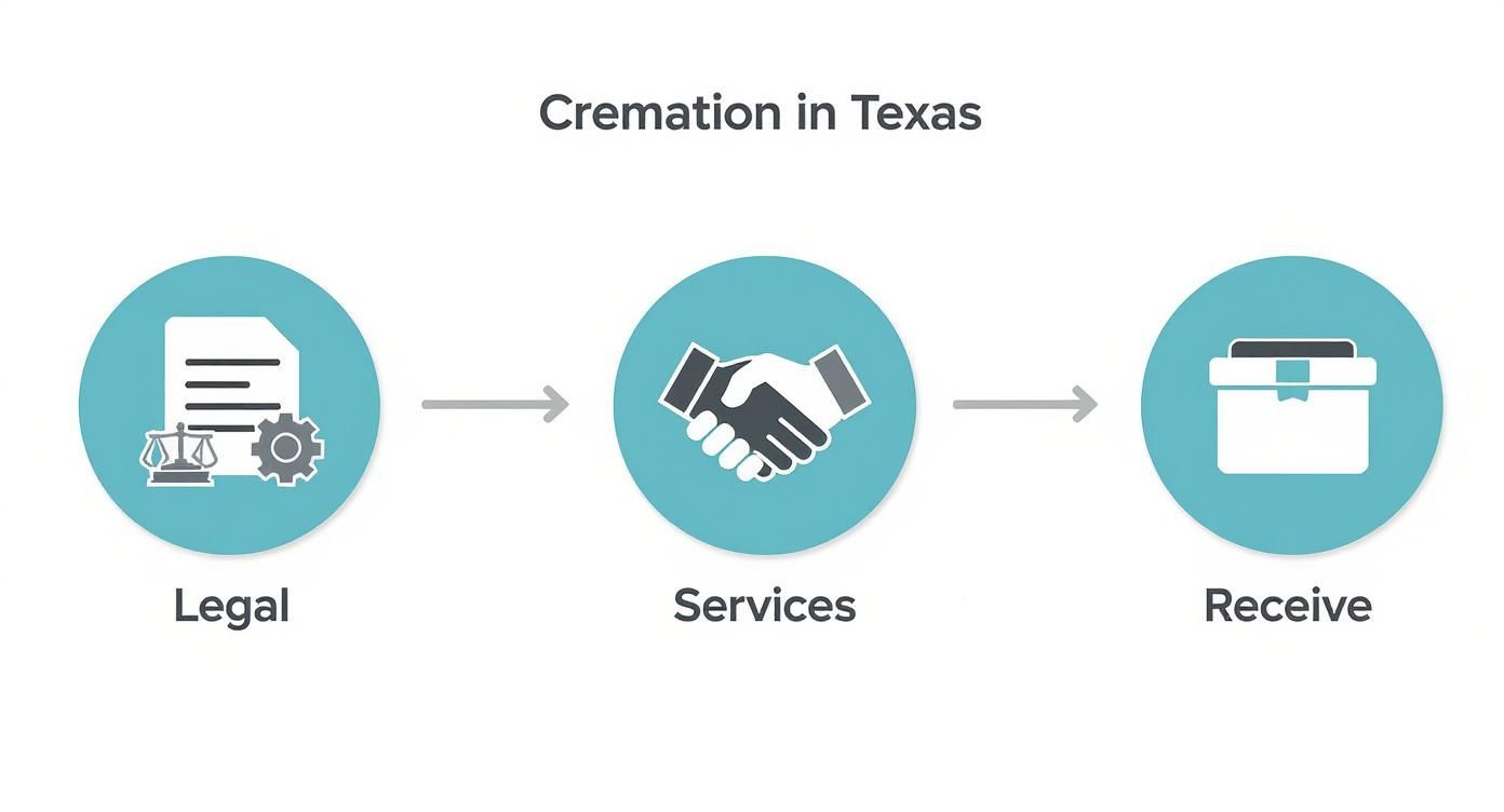 A diagram illustrating the three-step cremation process in Texas: Legal, Services, and Receive.