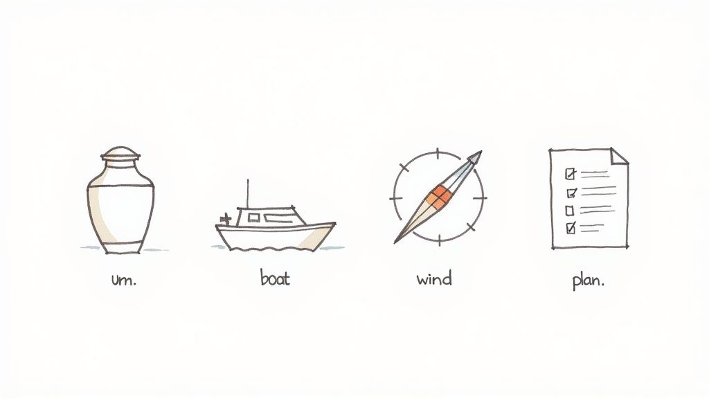 Four hand-drawn illustrations: an urn, a boat, a wind compass, and a checklist document.