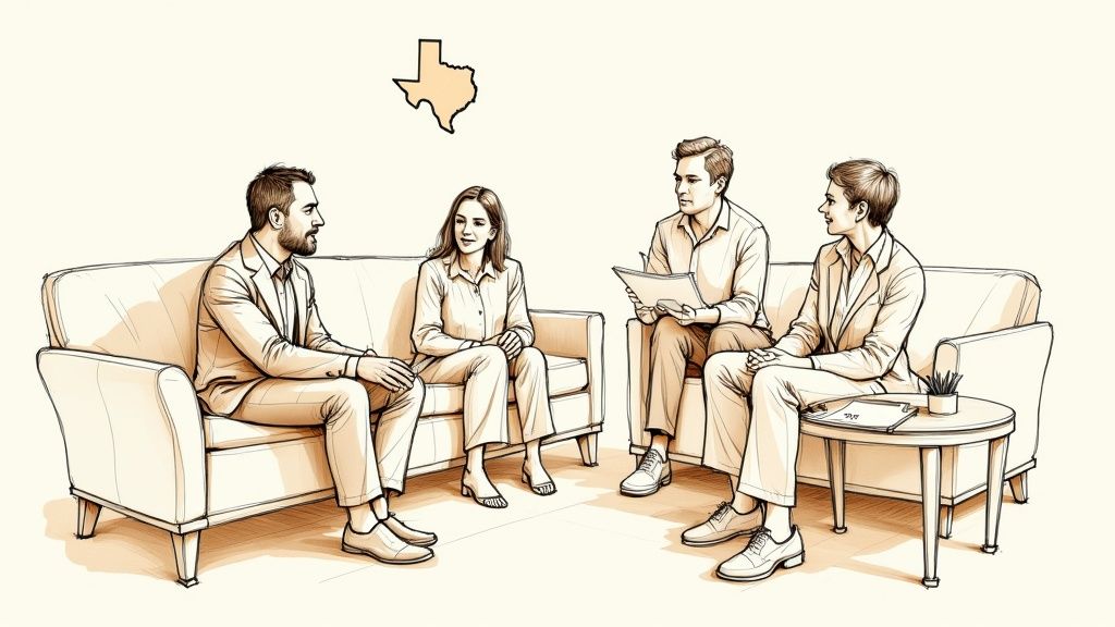 How to Prepay for Cremation Services in Texas A compassionate conversation taking place in a calm, professional office setting.