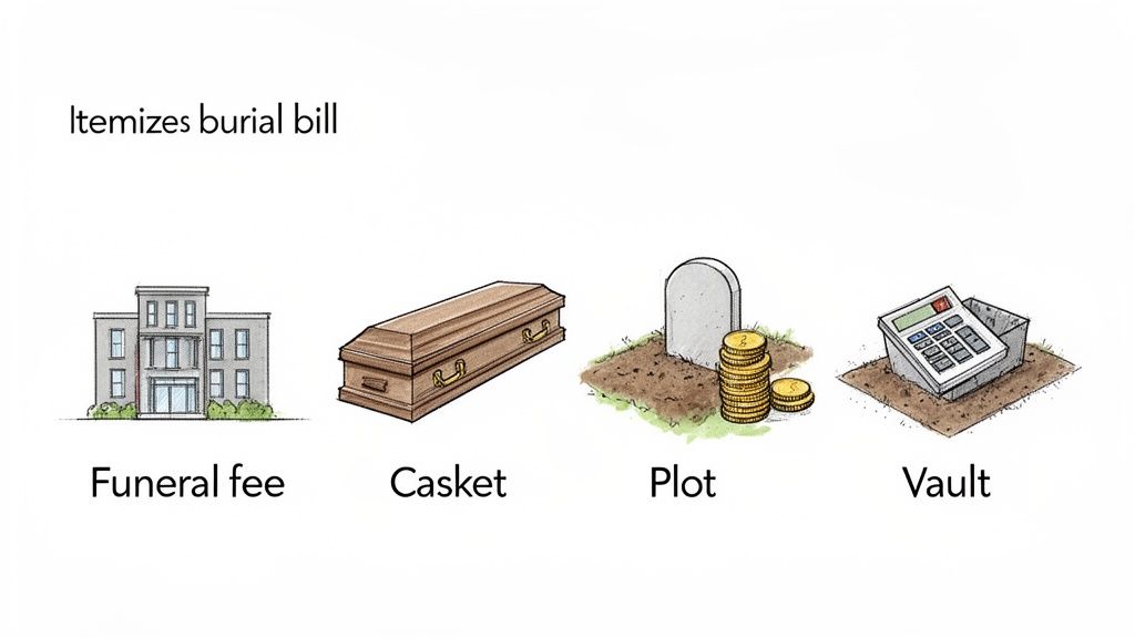 Illustrations itemizing burial costs: a funeral home, a casket, a grave plot with coins, and a burial vault calculator.