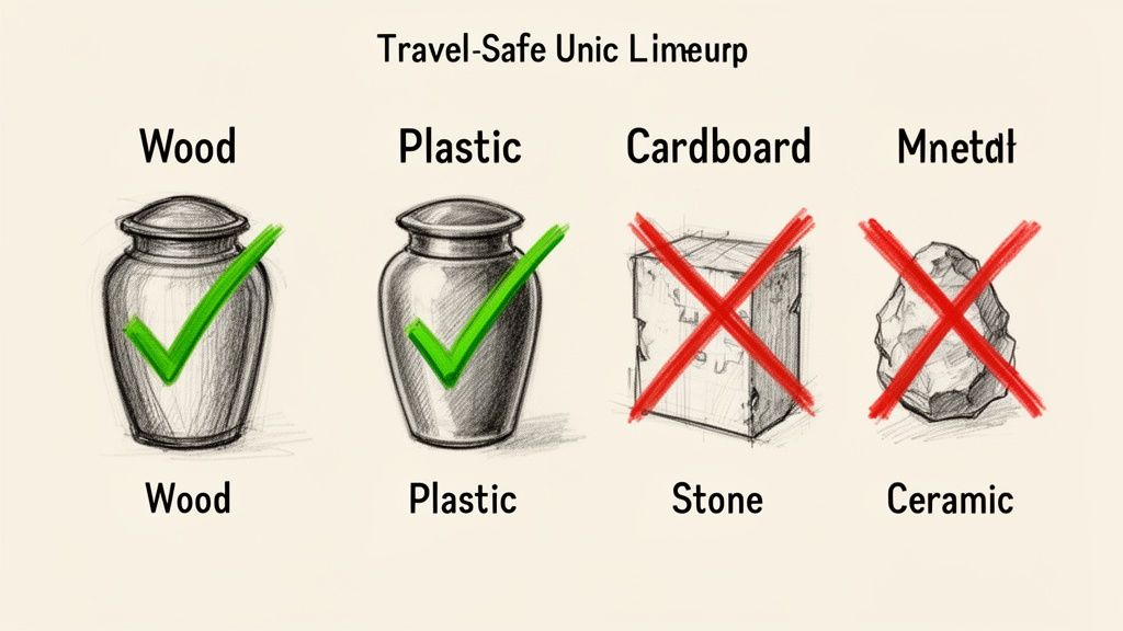 Guide to travel-safe containers for human ashes: wood and plastic urns approved, cardboard, stone, and ceramic rejected.