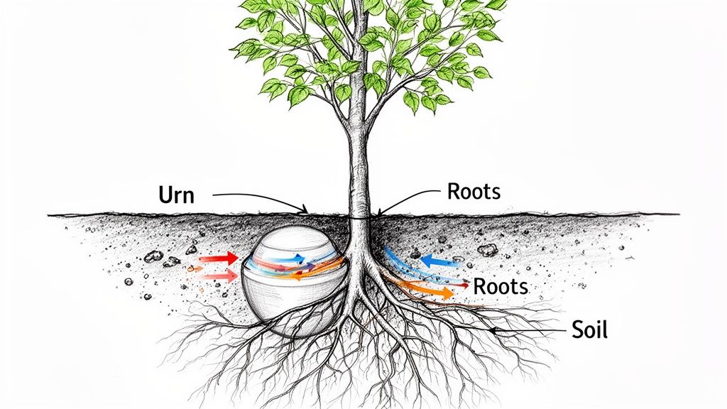 An illustration shows a living tree's roots growing around an urn in the soil, with arrows depicting nutrient flow.