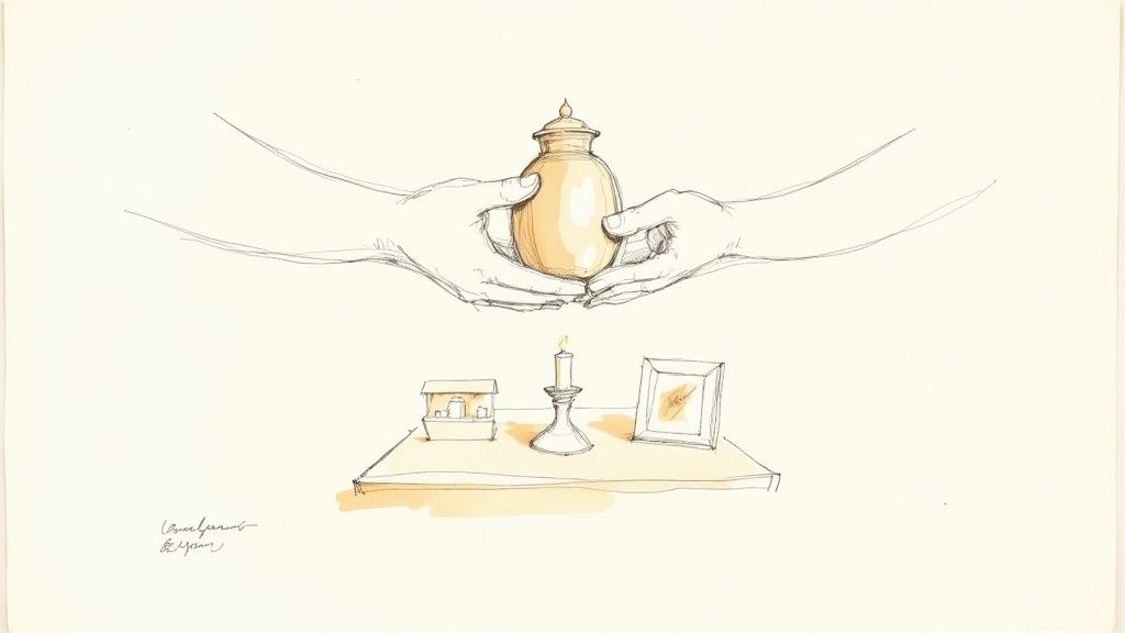 Two hands gently hold a decorative urn above a table with a lit candle and memorial items.