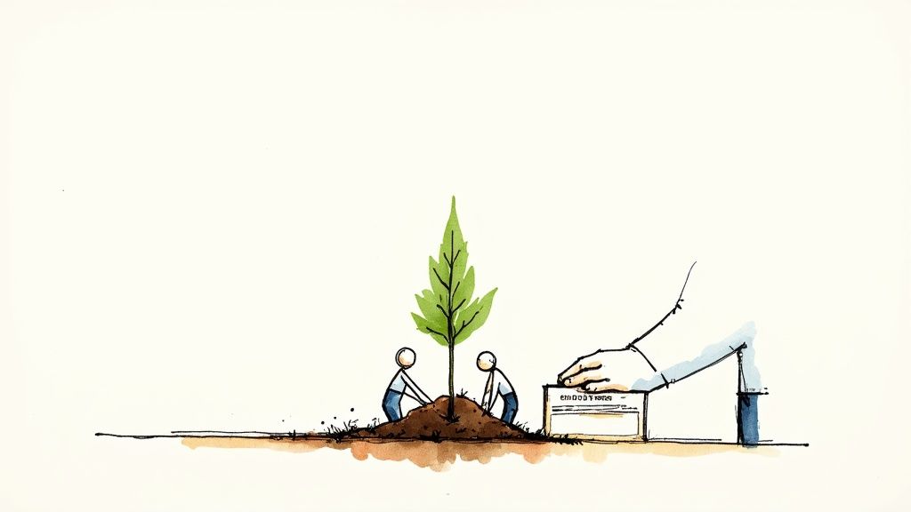 A family gently places soil around a newly planted sapling, their hands working together in a sunny garden.