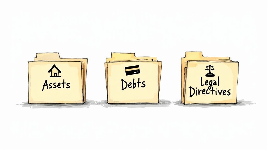 A Compassionate Guide to Organizing Your Important Documents A person sitting at a desk, carefully reviewing financial documents and legal papers with a calculator and pen nearby.