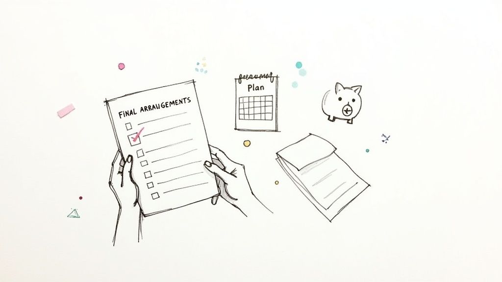 A person's hands carefully placing a document into a folder on a wooden desk, symbolizing thoughtful planning.