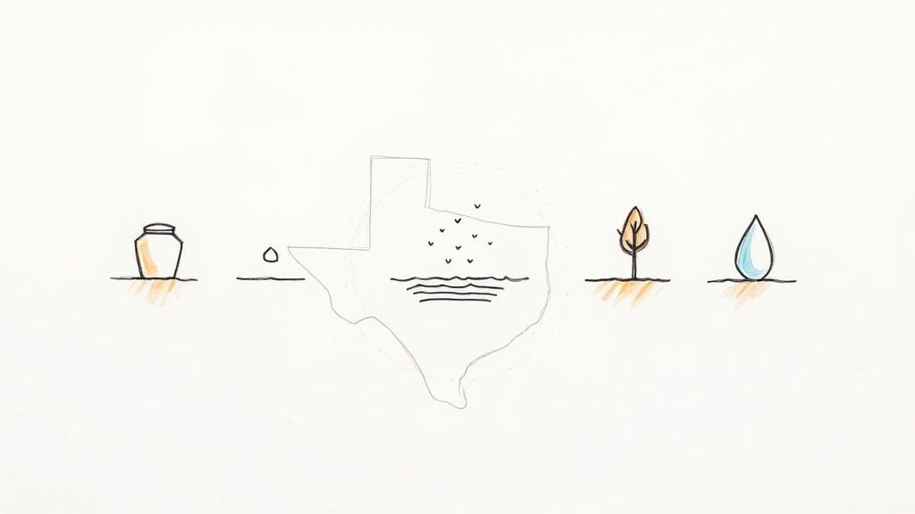 A Texas Guide to Direct Cremation Illustration depicting an urn, Texas outline, tree, and water drops, symbolizing life and remembrance.