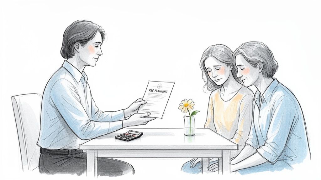 Pre Planning Funeral Costs A Texas Guide A man explains a 'PRE-PLANNING' document to two women at a table with a calculator and flower.