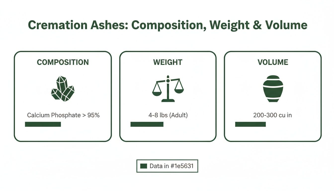 Infographic showing cremation ashes: composition (calcium phosphate), adult weight (4-8 lbs), and volume (200-300 cu in).