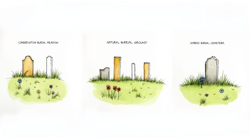 Natural Burial Options A Compassionate Guide A serene meadow with wildflowers, representing a natural burial ground.