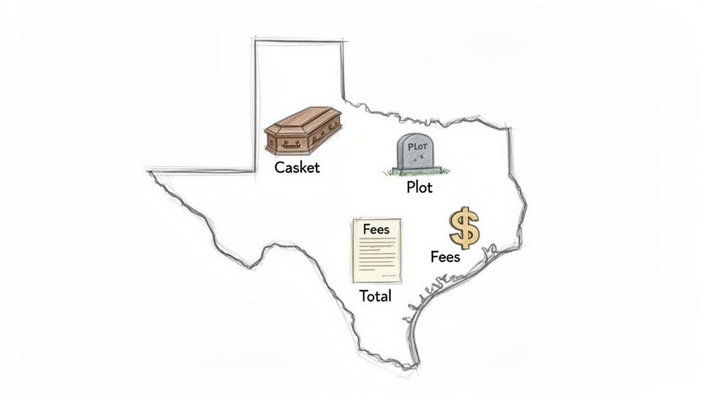 Understanding the Average Cost of Burial in Texas A map of Texas illustrating the components of average burial costs: casket, plot, and fees.