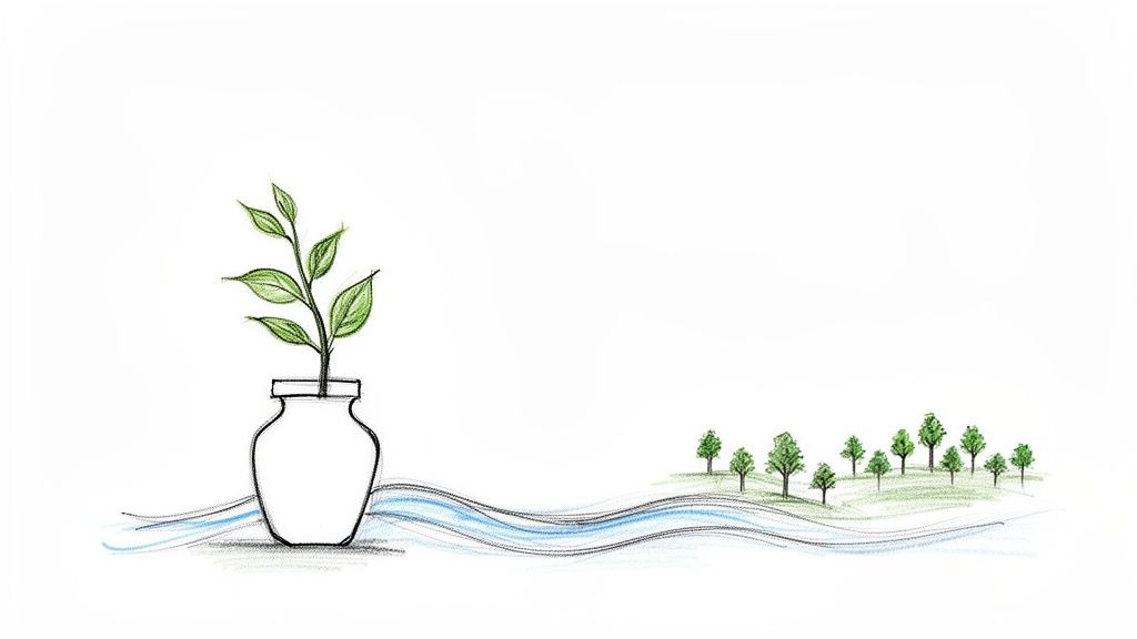 Hand-drawn illustration of a plant in a vase, flowing river, and green trees.