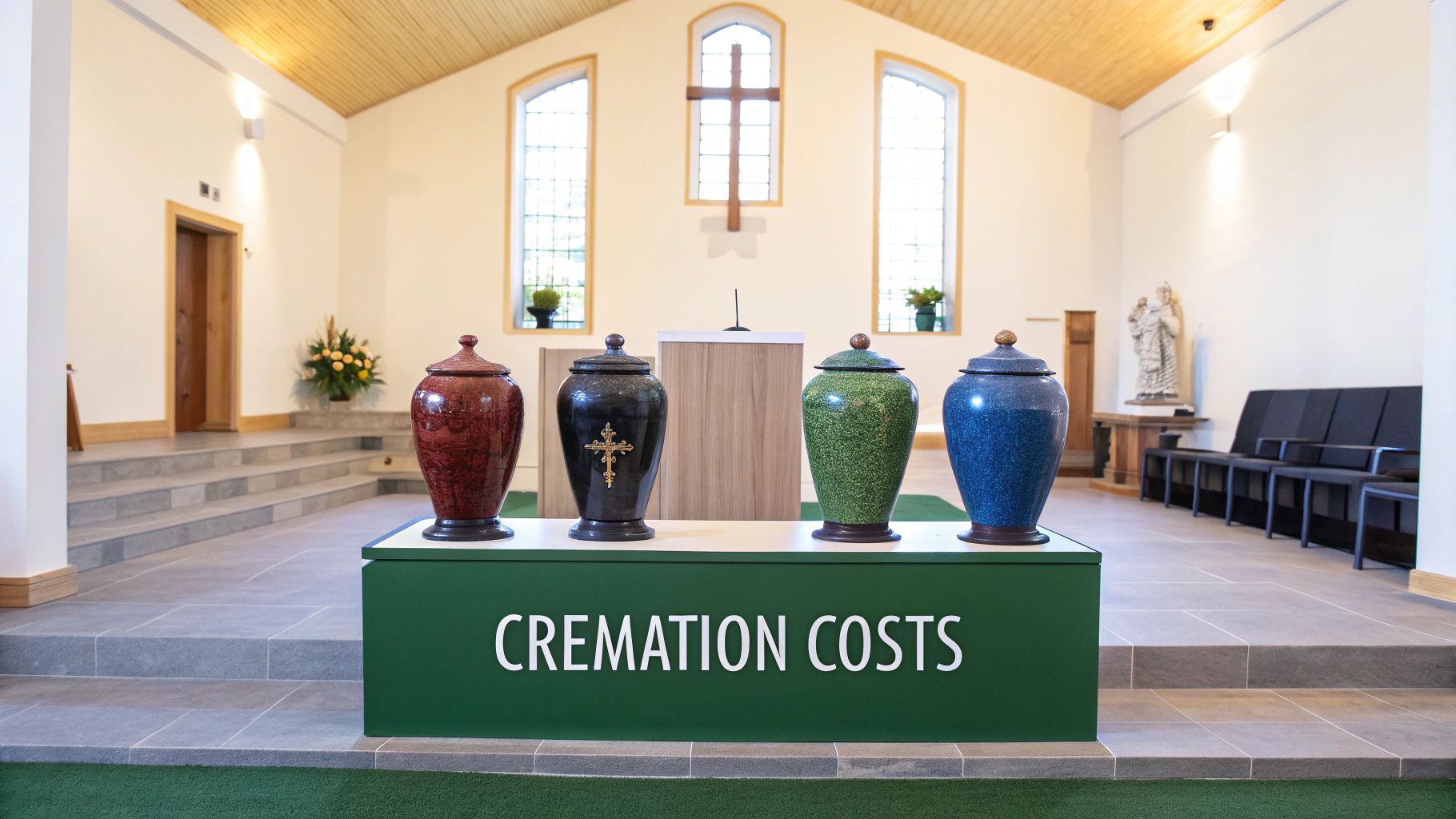 A peaceful, sunlit cemetery with vibrant green grass and trees.