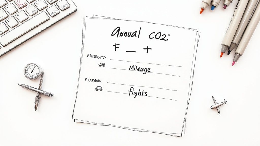 How to Offset Your Carbon Footprint A Practical Guide for Texas Families A person using a laptop and a calculator with utility bills spread out on a table, signifying the process of calculating household emissions.