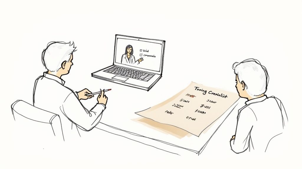 Two men in an online meeting, one with a pen, viewing a laptop and a Turing Checklist.