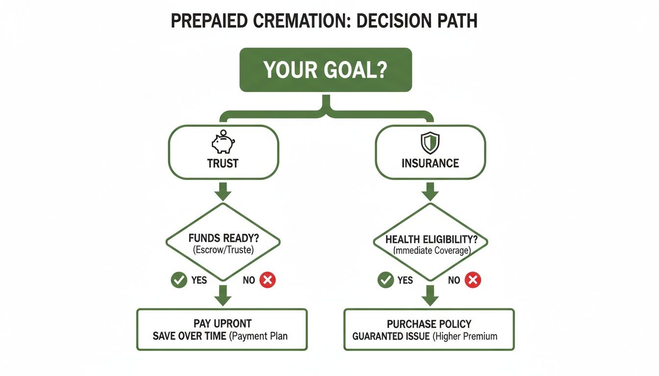 Flowchart showing prepaid cremation decision path: options include trust or insurance for funding.