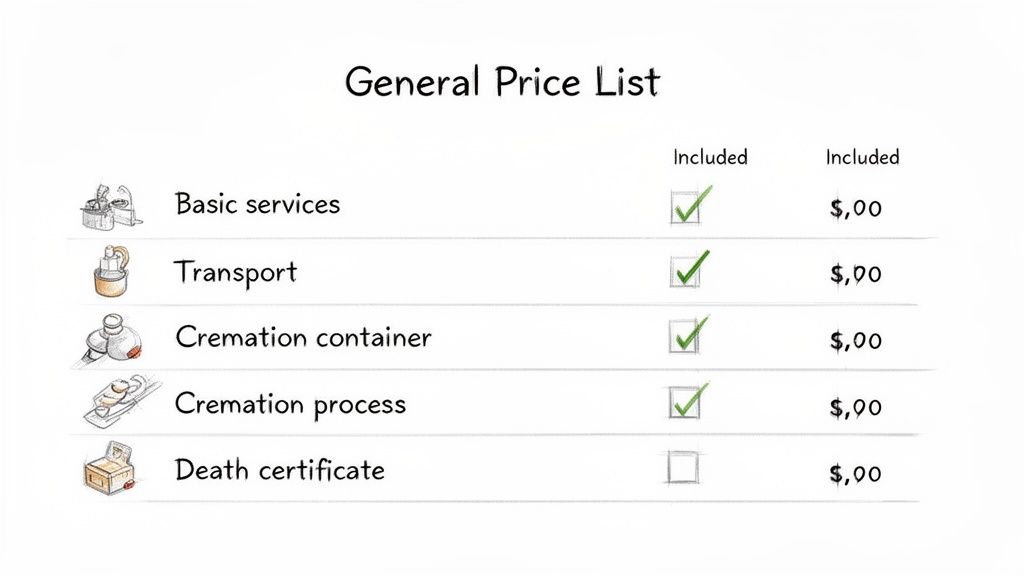 A general price list for cremation services, showing items like basic services, transport, container, process, and death certificate, with their inclusion status and zero cost.
