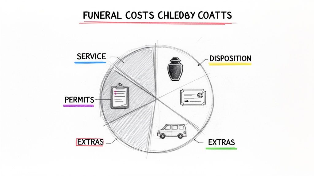 Pre Planning Funeral Costs A Texas Guide A hand-drawn pie chart visualizes funeral costs, categorized into service, permits, disposition, and extras, with relevant icons.