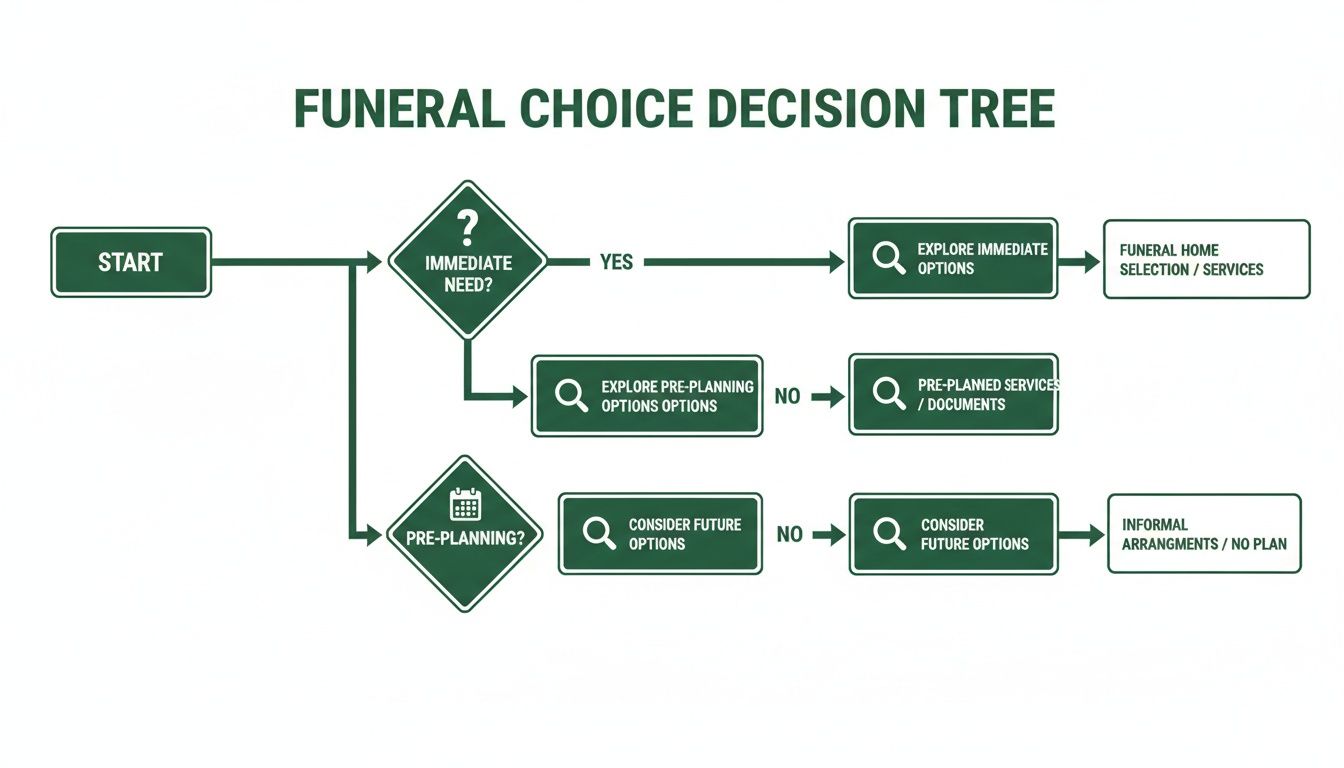 Understanding Funeral Home Services in Texas A flowchart decision tree illustrating funeral choice options, from immediate needs to future planning.