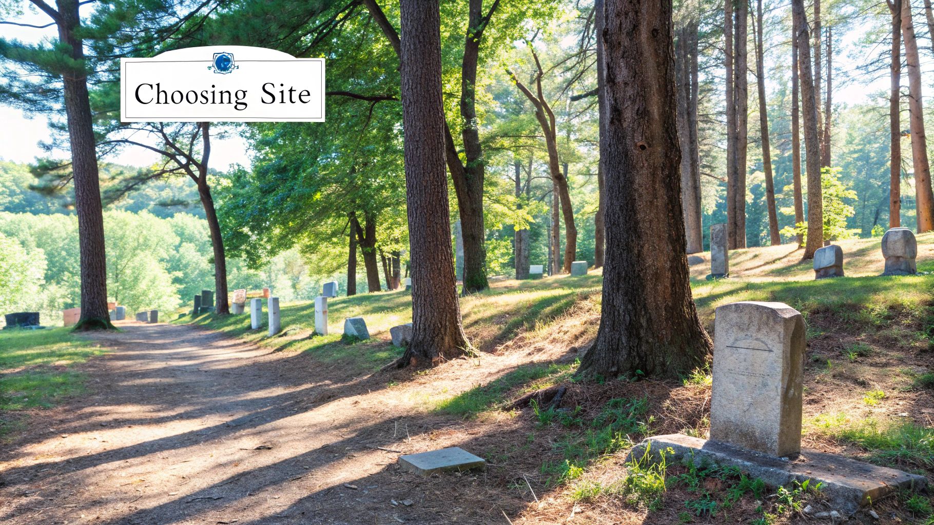 A natural burial scene with a wooded area.