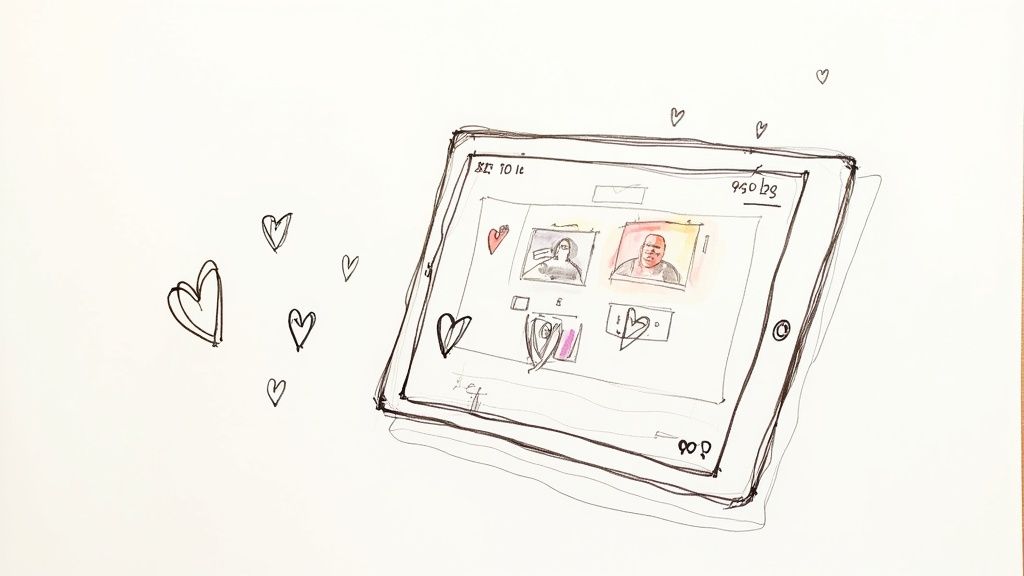 A family participating in a funeral service via a live-stream on a laptop.