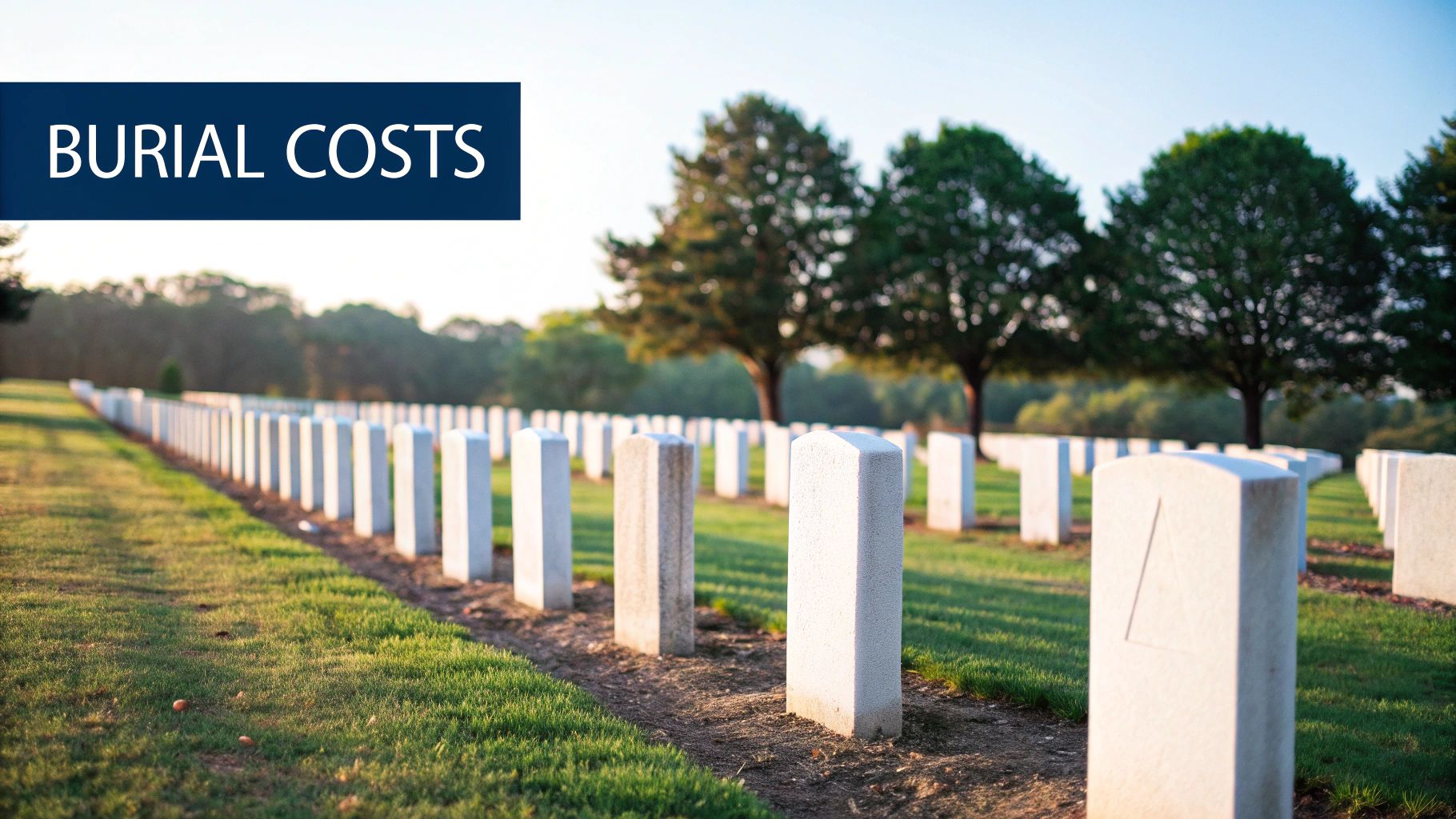 A quiet cemetery scene with neatly arranged headstones under large trees.