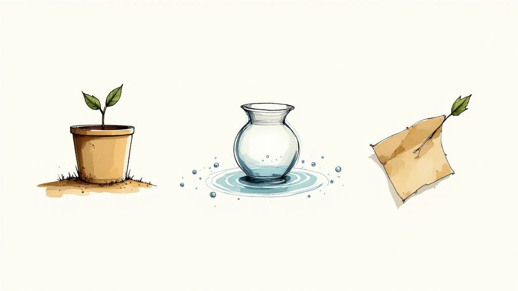 Three minimalist watercolor illustrations: a potted plant, a glass vase with water, and a paper with a leaf.