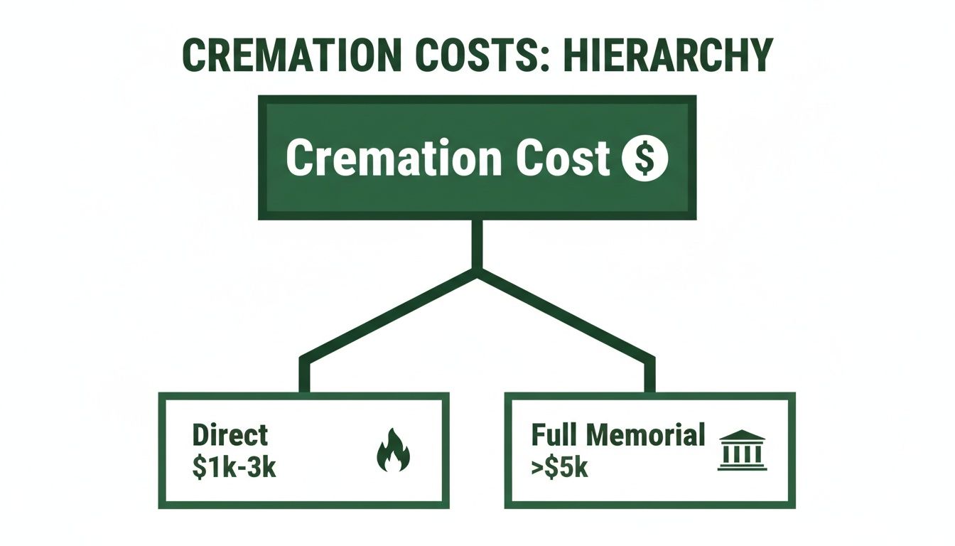 Hierarchy chart showing cremation costs divided into 'Direct' ($1k-3k) and 'Full Memorial' (>$5k).