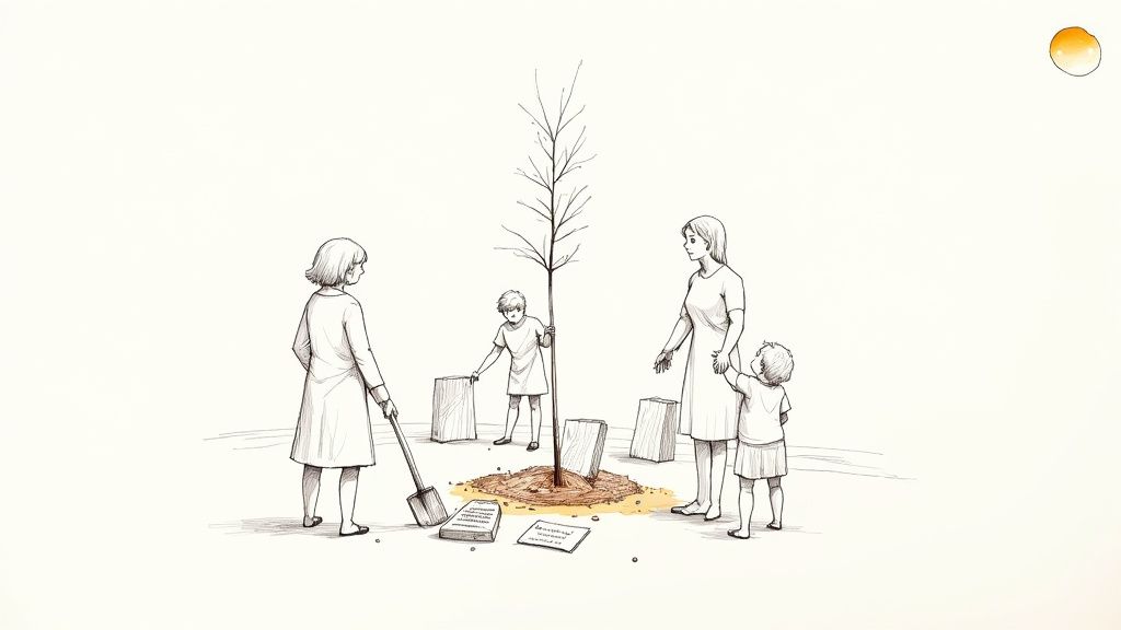 A group of people standing around a newly planted sapling, participating in a dedication ceremony.