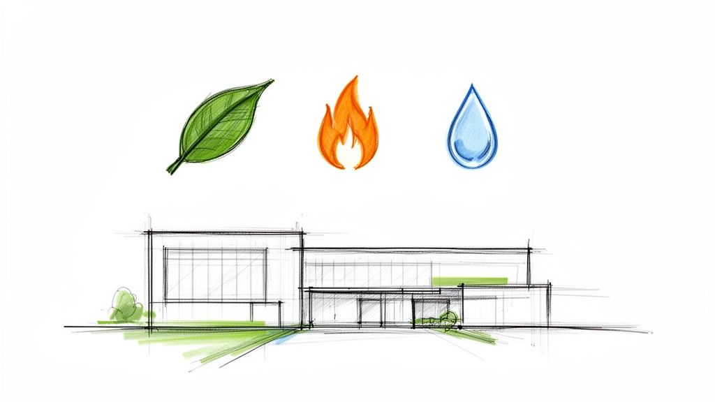 Hand-drawn modern house sketch with symbols of a green leaf, orange flame, and water drop, representing natural elements.