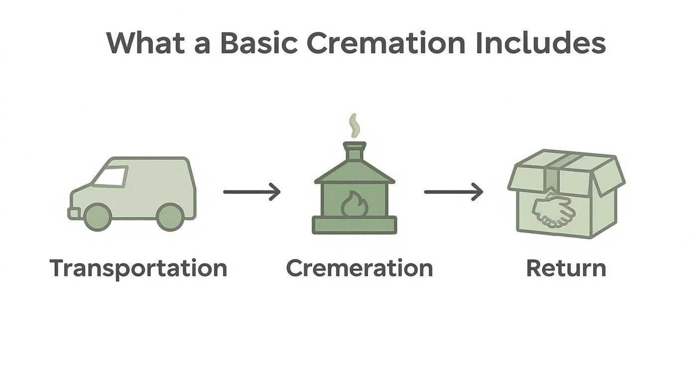 A diagram outlining a basic cremation service, including transportation, cremation, and the return of remains.