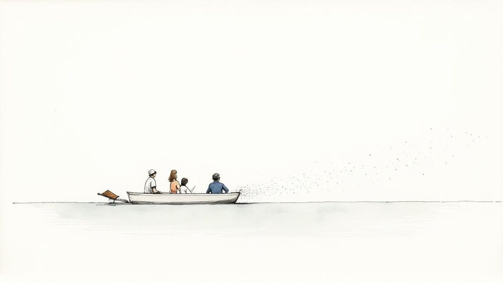 Minimalist illustration of four people in a small boat on calm water, scattering ashes.