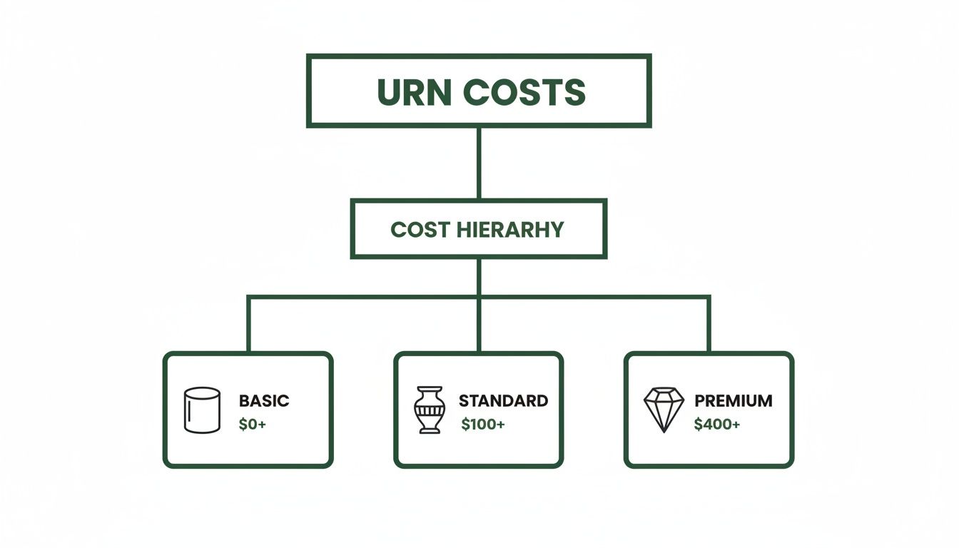 A flowchart illustrating the cost hierarchy of urns, categorized as Basic ($0+), Standard ($100+), and Premium ($400+).