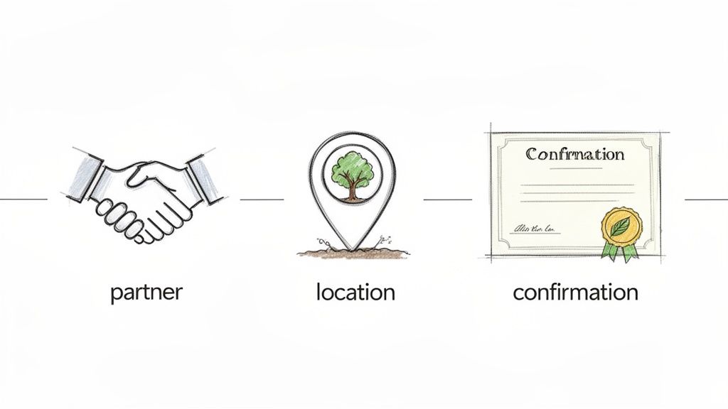 Planting a Memorial Tree A Lasting Tribute for Loved Ones A visual representation of a three-step process: handshake for partnership, tree location pin, and planting confirmation certificate.