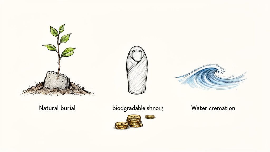 Three illustrations show end-of-life options: natural burial, biodegradable shroud with coins, and water cremation.
