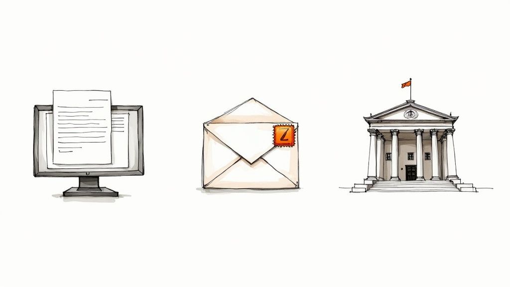 A person's hands filling out an official form on a wooden desk.