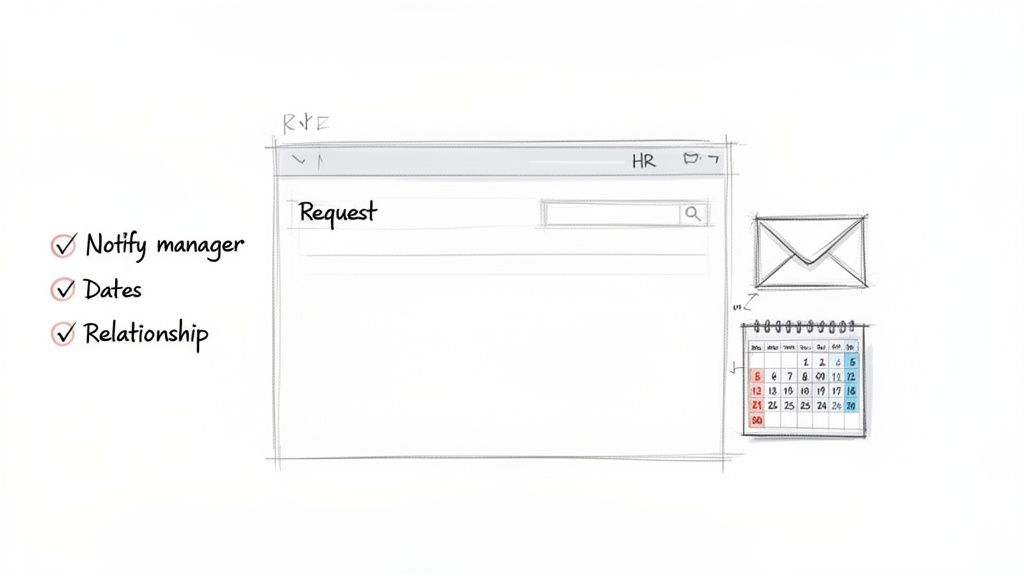 Hand-drawn sketch of a request workflow UI with a checklist, email icon, and calendar.