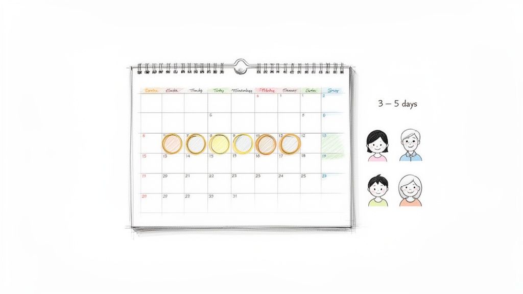 A visual guide showing a calendar with circled dates, text "3-5 days," and four family members.