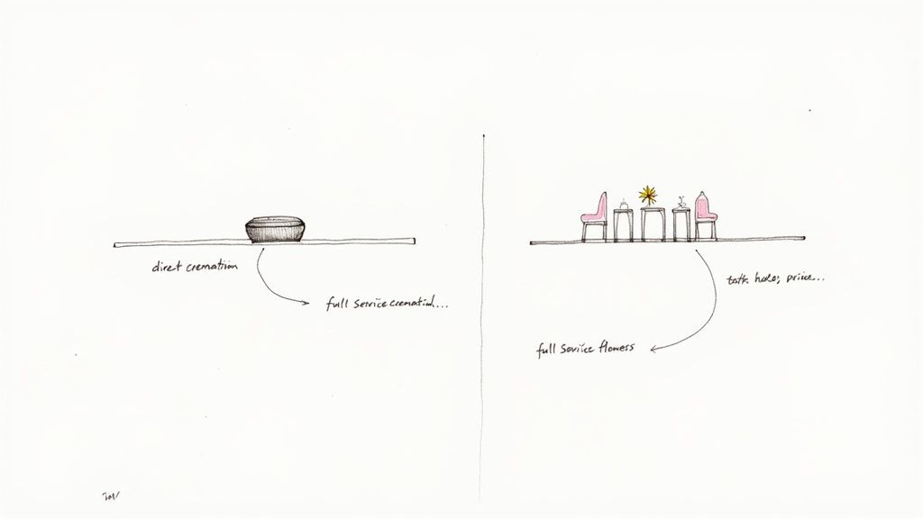 average cost of a funeral in texas: A clear cost guide Sketch comparing direct cremation service with full service funeral featuring flowers and decor