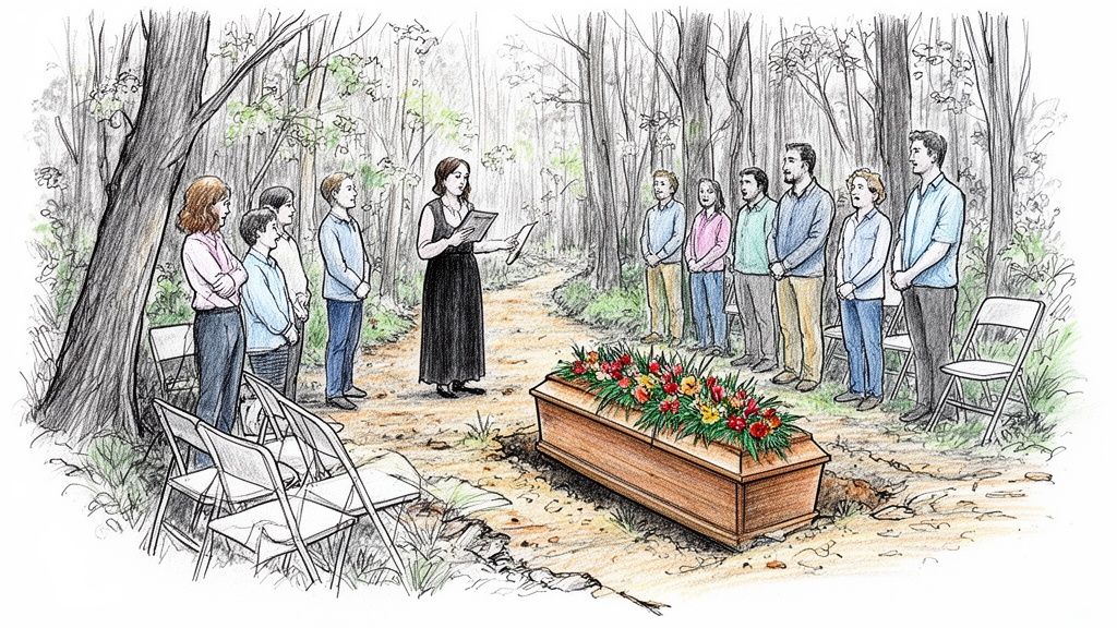 People gather for a natural burial service in a serene forest setting around a flower-adorned coffin.