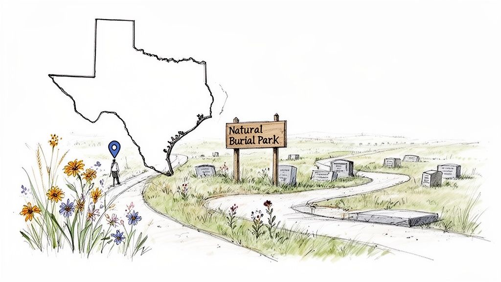 Illustration of a Natural Burial Park in Texas, showing a person, path, gravestones, and wildflowers.